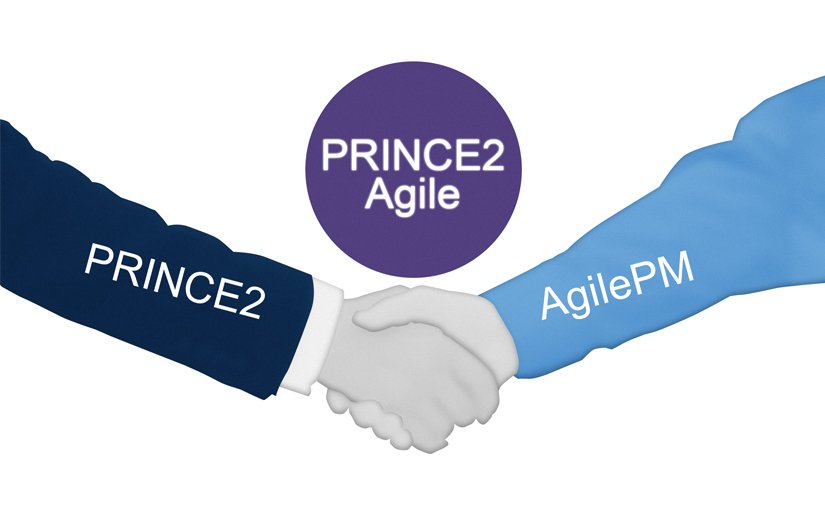 Graphic of PRINCE2 and AgilePM as symbolic shaking hands in a PRINCE2 Agile merger