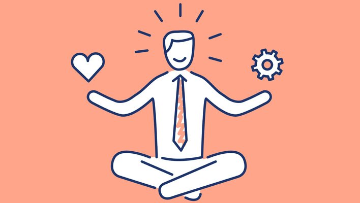 Cartoon of meditating businessman balancing compassion and technical duties