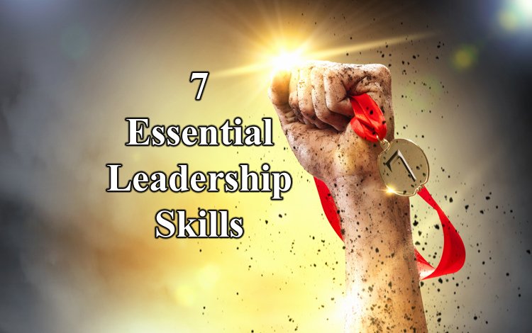 Title '7 Essential Leadership Skills' next to a hand carrying a medal